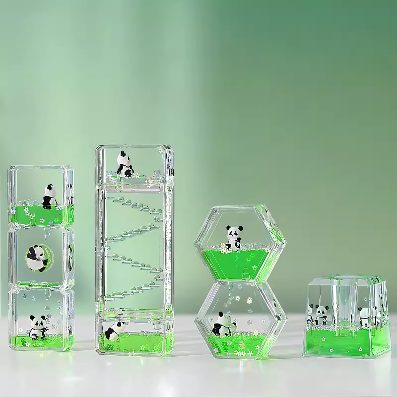 A cute panda-shaped stress-relieving oil-fall hourglass ornament, a three-dimensional oil-drop timer in the style of stairs, and a creative small gift for children